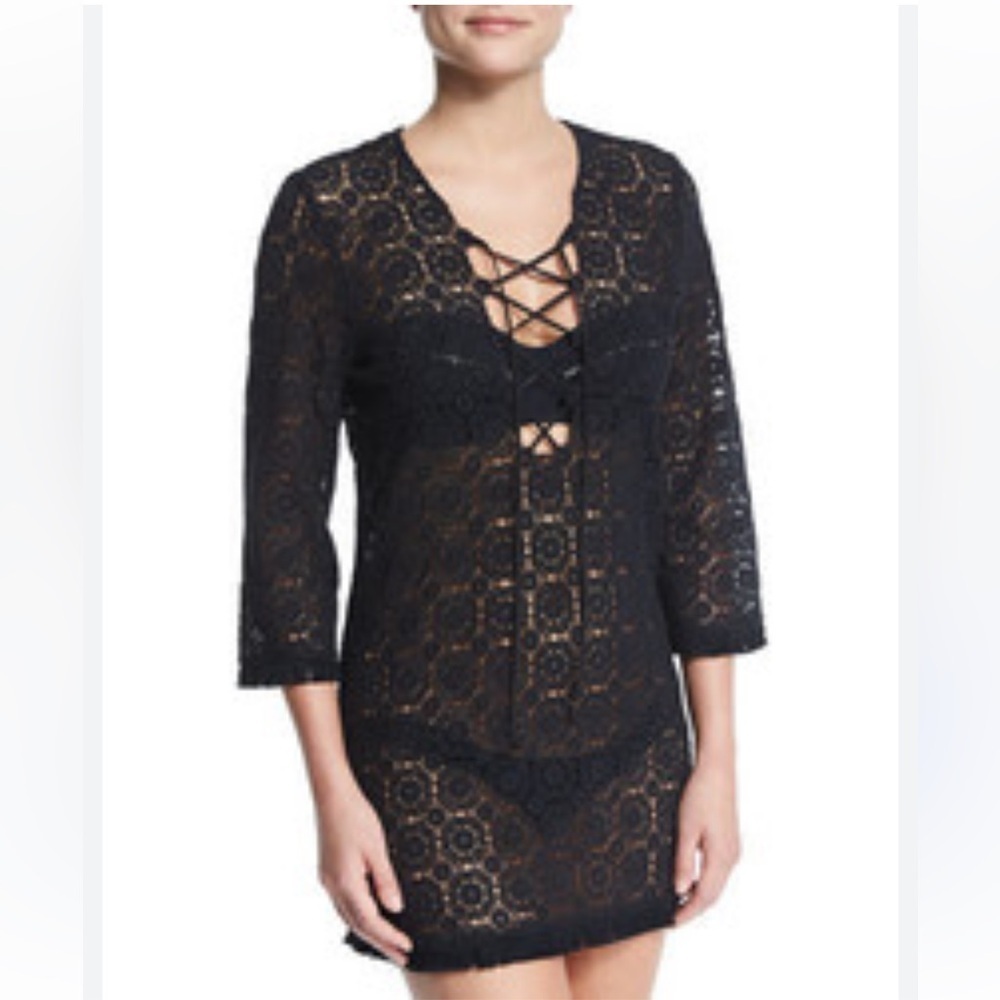 Miguelina Serena Black Crocheted Lace Coverup Dress | M